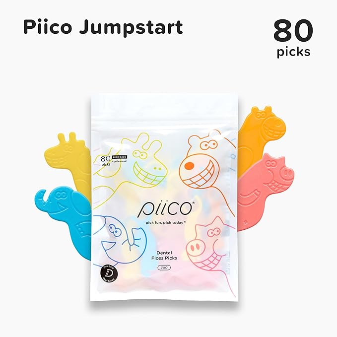 Piico Unflavored Kids Floss - No Fluoride Dual Line Dental Floss Picks - Fun Oral Care in Colorful Floss Sticks Design - Kids Flossers Avoid Tooth Decay & Gum Disease - 80 Count Zoo