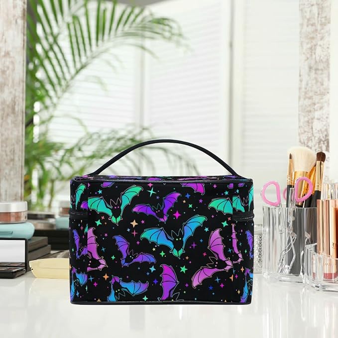 MNSRUU Goth Makeup Bag, Gothic Bats Halloween Luminous Makeup Organizer Bags Toiletry Bag Box Travel Cosmetic Bag Make Up Train Case for Women Teen Girl Ladies