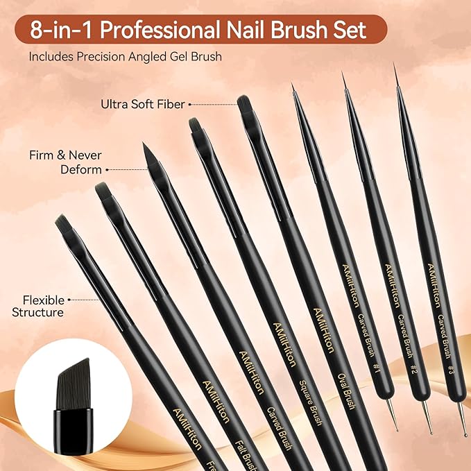 AMilliHiton 8PCS Nail Art Brush Set for Gel Polish & French Tips, Black Wood