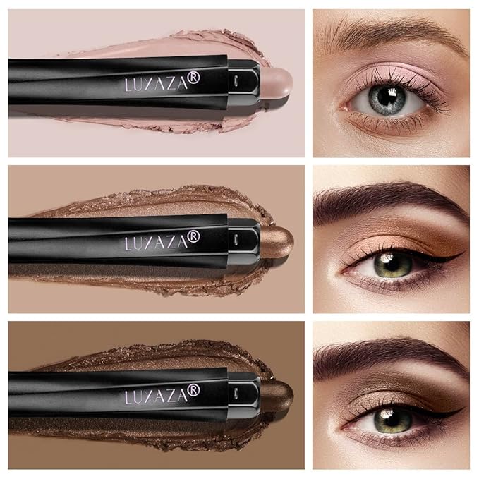 LUXAZA 3Pcs Eyeshadow Stick Set, Matte And Shimmer Creamy Eyeshadow Pencil, Brown Gold Nude Shadow Stick Set, Waterproof Long Lasting Smoky Eye Makeup…