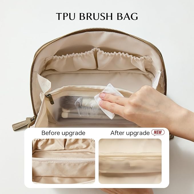 EACHY Travel Makeup Bag, Faux Suede Cosmetic Bags for Women,Large Capacity Portable Pouch Open Flat Toiletry Bag Make up Organizer with Divider and Handle