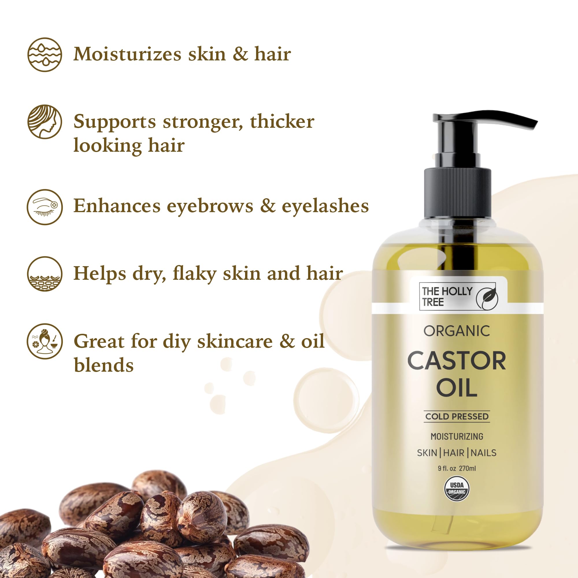 THE HOLLY TREE Organic Castor Oil - Cold Pressed 9 fl oz - 100% Pure & Hexane Free - Castor Oil for Hair Growth - Moisturizing & Nourishing - for Face & Body