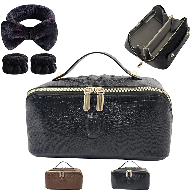 Cuteseason PU Leather Makeup Bag for Women, Structured Makeup Case with Wide Opening, Travel Cosmetic Bag with Compartments and Handle, Water-Resistant Makeup Organizer (Black Crocodile Grain)