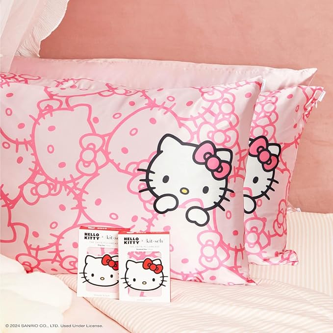 Kitsch x Hello Kitty Satin Pillowcase - Size 19x36, Pink Kitty Faces
