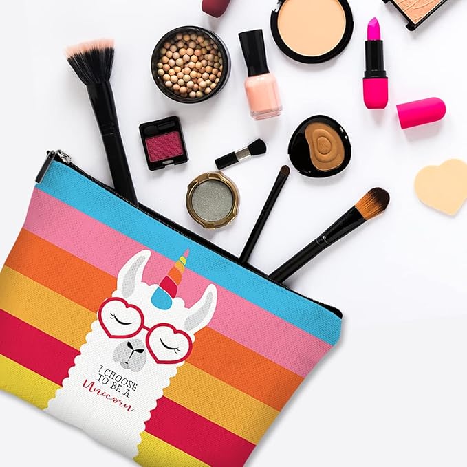 Givotin Cute Makeup Bag for Purse Canvas Waterproof Funny Cosmetic Bags for Women Zipper Travel Toiletry Pouch-Alpaca Makeup Bags-Rainbow