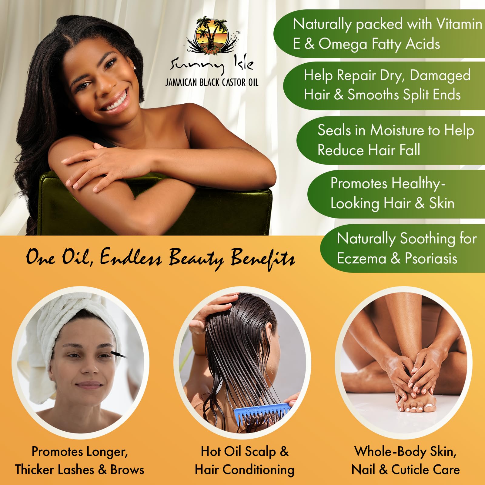 Sunny Isle Jamaican Black Castor Oil 2oz, Original Authentic Moisturizing JBCO for Hair Growth, Scalp Care, Edges, Eyebrows & Eyelashes, Conditioning for Dry Skin, Unscented