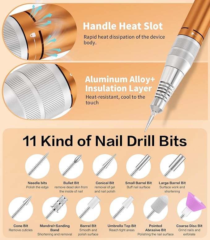 Electric Nail Drill Professional, Portable Rechargeable 35000 RPM - Cordless Electric Nail File Machine Kit for Acrylic Gel Polishing Removing, Manicure at Home DIY & Salon (Orange)