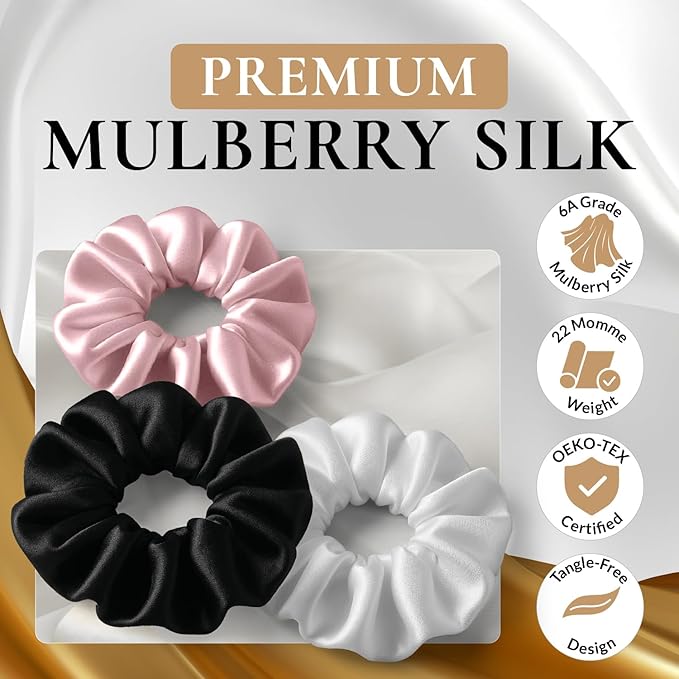 FORBDNSILK 100% Pure 22 Momme Mulberry Silk Scrunchies (Set of 3) | Highest grade (6A) Luxury Hair Ties| (Black,White,Pink) | (Black, Standard/Small/Skinny)