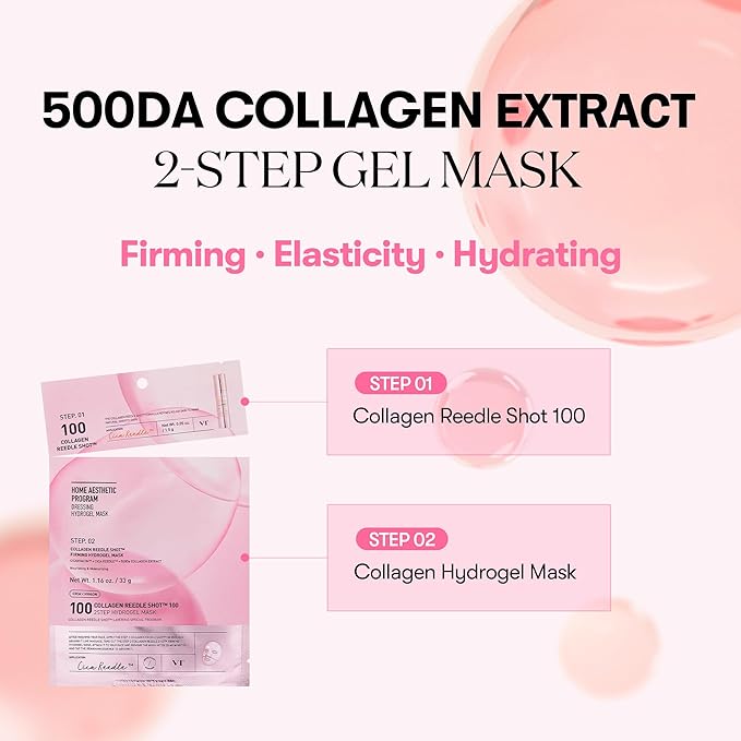 VT COSMETICS Collagen Reedle Shot 100 2-Step Hydrogel Mask (34.5g x 4ea), Firming & Elasticity Care, Exosome 500Da, Fine Lines, Hydrating Overnight Melting Mask, Korean Skincare, Facial Gel Mask