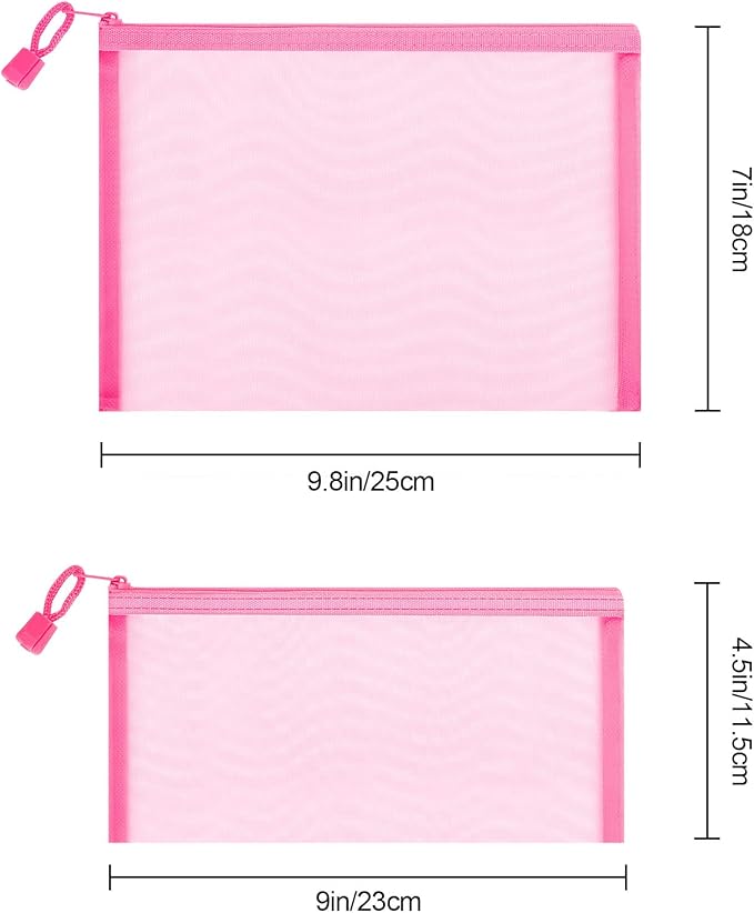 Sinzip 12 Pieces Zipper Nylon Mesh Pouch, Mesh Cosmetic Bags Makeup Bags Pencil Case, Multipurpose Travel Bags for Cosmetic School Office Supplies and Travel Accessories (Pink, A5)