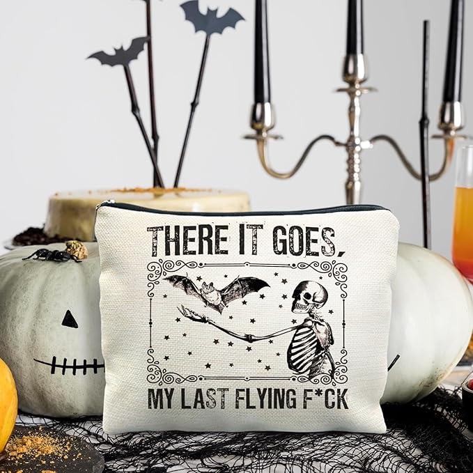 RYYCDOI Halloween Makeup Bag, Goth Skeleton & Bat Design, White, Waterproof Linen Cosmetic Bag for Women