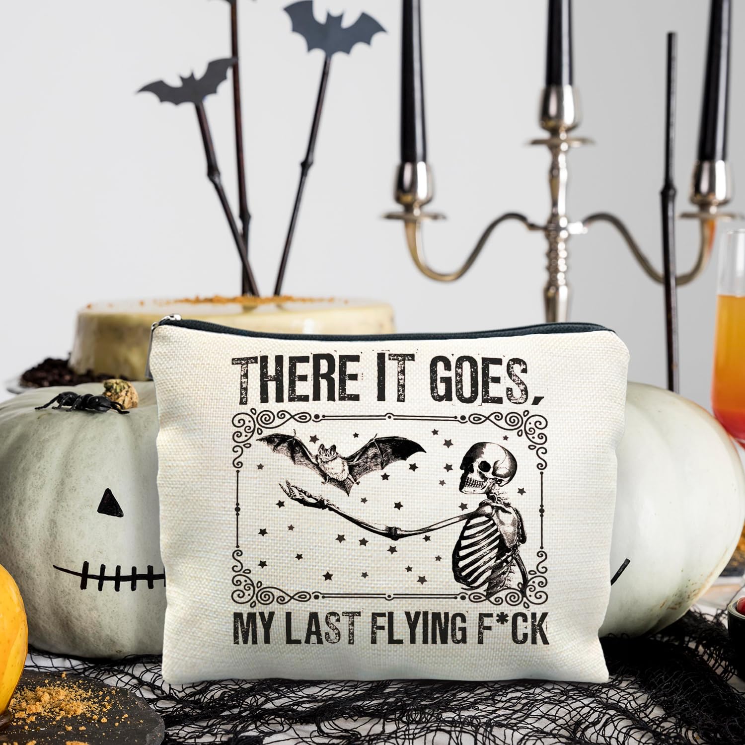 RYYCDOI Halloween Makeup Bag, Goth Skeleton & Bat Design, White, Waterproof Linen Cosmetic Bag for Women