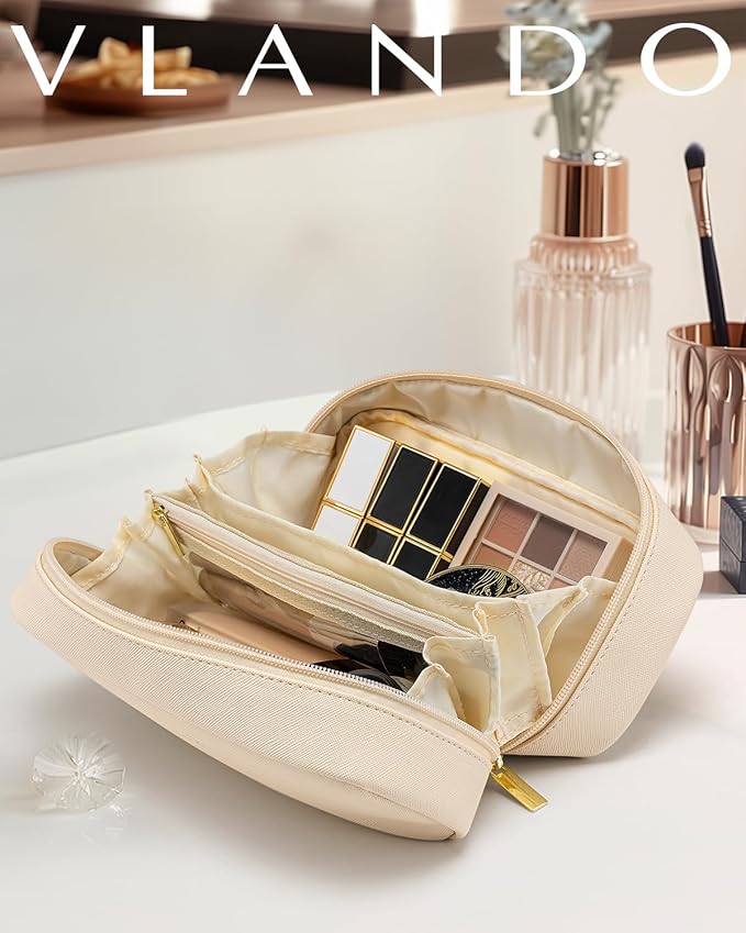 VLANDO Makeup Bag with Separate Pocket for Beauty Tools,White