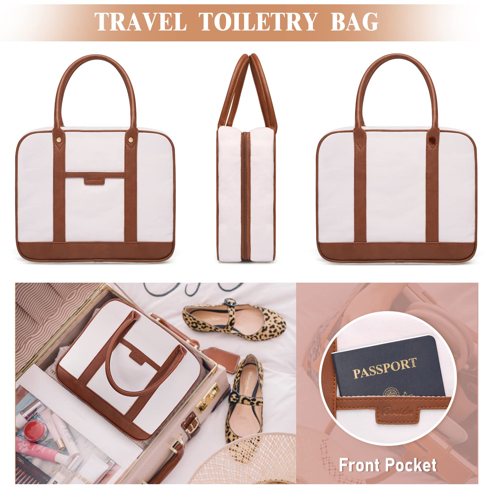 Bosidu Toiletry Bag for Women Hanging Travel Toiletry Bag with Hook,Water-resistant Makeup Cosmetic Bag Travel Organizer for Toiletries, Accessories P-Beige