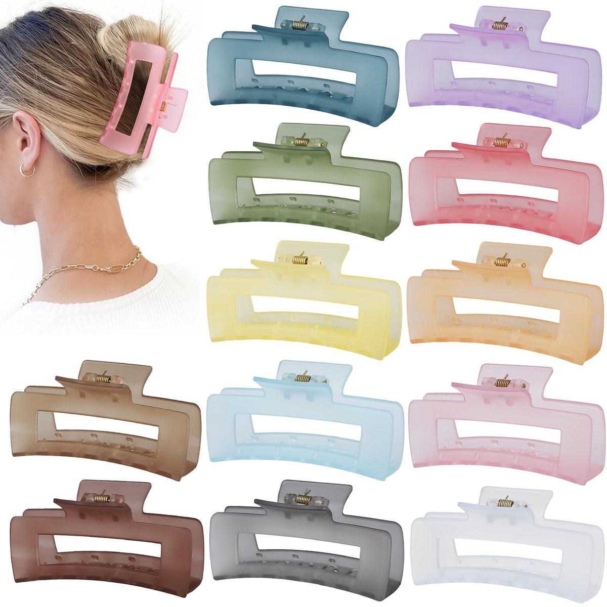 Sisiaipu 4.1 Inch Large Hair Claw Clips 12 Pcs Big Claw for Thick Hair Square Hair Clips Jumbo Jaw Clips Bulk Hair Accessories for women and Girls (Black)