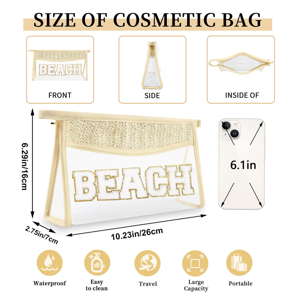 Small Boho Straw Clear Beach Makeup Bags for Women&Girls, Zipper Cosmetic Bag Chenille Varsity Letter Patch Bag, Preppy Cute Toiletry Pouch, Trendy Organizer Storage Bag for Beach Travel Essentials