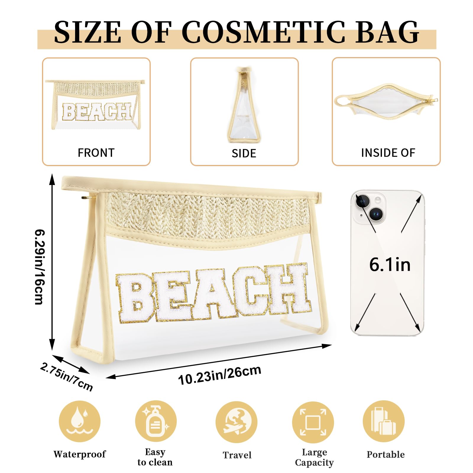 Small Boho Straw Clear Beach Makeup Bags for Women&Girls, Zipper Cosmetic Bag Chenille Varsity Letter Patch Bag, Preppy Cute Toiletry Pouch, Trendy Organizer Storage Bag for Beach Travel Essentials