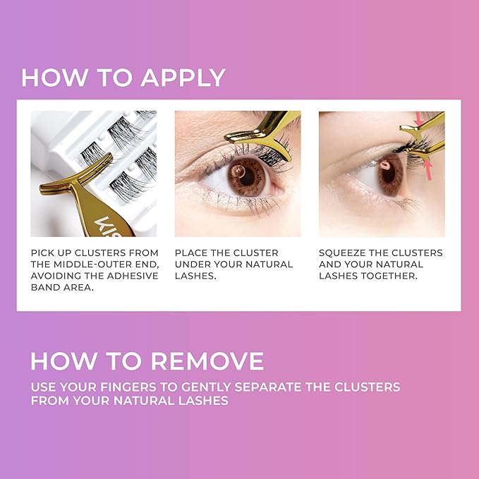 Kiss Impress Falsies Self Adhesive Eyelashes, Press On Lashes, 12mm-14mm Natural Volume Lashes, Black, No Glue Needed, Invisible Band, 36 Lash Clusters & Non-Stick Applicator - Natural