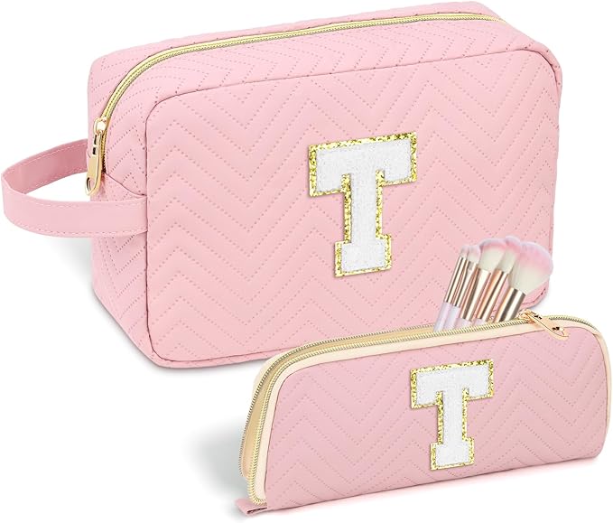 Sernaxi Personalized Initial Makeup Bag Waterproof Leather Cosmetic Bag Travel Toiletry Bag, Valentine’s Day Gift Makeup Organizer Case & Makeup Pouch for Women Teen Girls Mom Girlfriend Wife