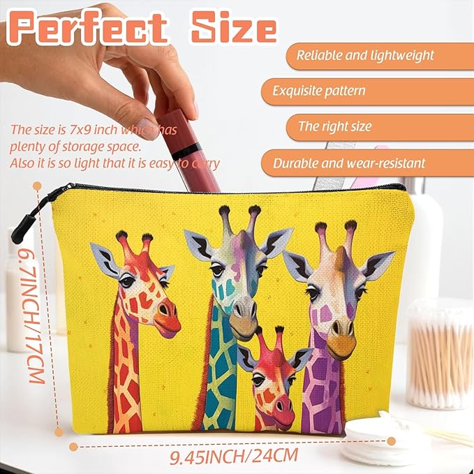Scribesense Cosmetic Bags Travel Makeup Toilet Case Waterproof Pouch for Women Girls 6.7X9.45inches - Colorful Giraffes Against A Yellow Background