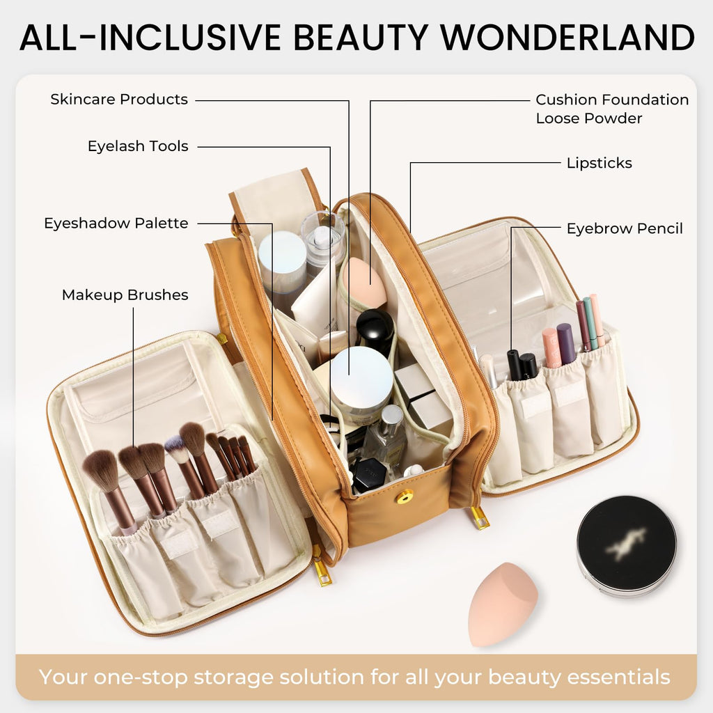 HauteHues Travel Makeup Bag Women's Large Capacity Cosmetic Portable Organizer Large Opening Waterproof Storage Toiletry Bags Vertical Free-Standing Brush Holder for Easy Access Orange