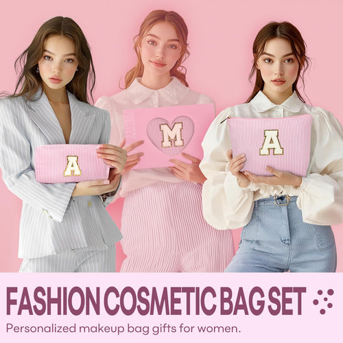 2 PCS Initial Makeup Bags for Women: Cosmetic Bag for Travel Toiletry - Birthday Gifts for 11 12 13 14 15 16 17 18 Years Old Girl Graduation Teacher Gift- Teen Girl Gifts Trendy Stuff - Light Pink K