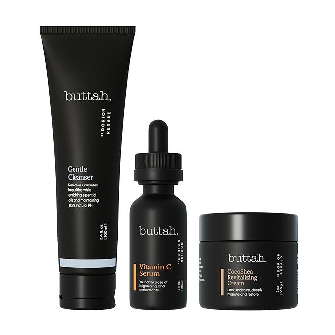 Buttah Skin 3pc Transforming Skincare Kit for Melanin | Rich Skin Revitalizing CocoShea Cream Moisturizer 2 oz | 15% Vitamin C Serum 1 oz | Buttah Cleanser 3.4 oz | Black Founded Skincare