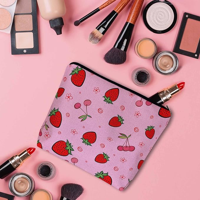 Kalygon Strawberry Makeup Bags Makeup Organizer, Summer Strawberries Cherries Pink Flax Toiletry Bags Travel Cosmetic Bag Makeup Purse Pouch Skincare Bag Wallet Bags For Women Female Mom Daughter