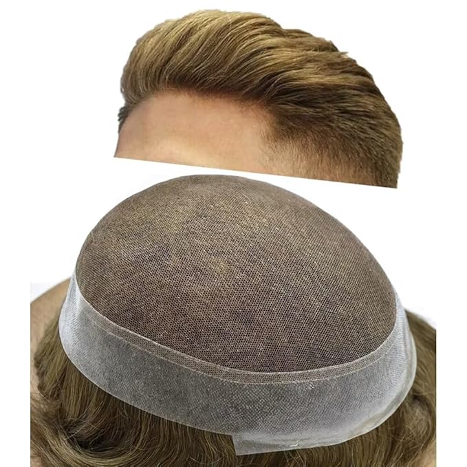 FACE MIRACLE Mens Toupee Lace Front Hairpieces Soft Human Hair Replacement System Natural Hairline Toupee for Men French Lace Poly V-Looped Mens hair Units 6"X8" 7# VERY LIGHT BROWN