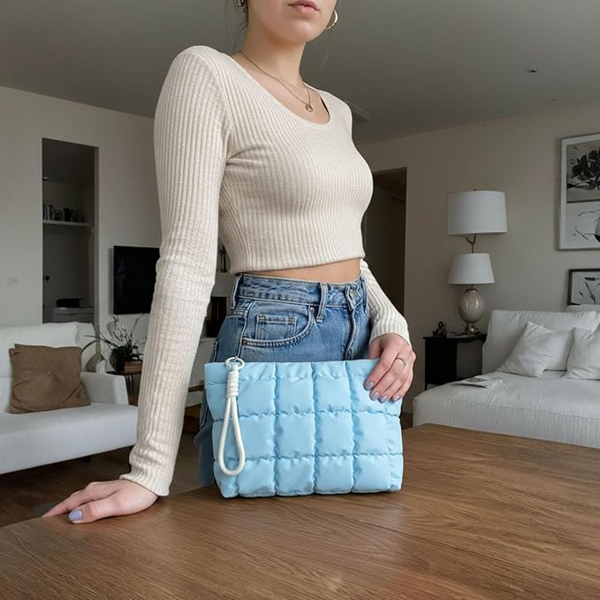 Beayuva Puffer Quilted Makeup Bag Travel Cosmetic Bag Portable Puffy Checkered Toiletry Pouch Skincare Organizer Purse Pencil Case (Light Blue)