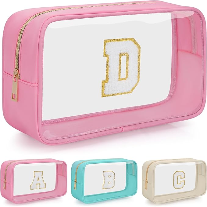 WELIDAY Personalized Initial Clear Makeup Bag, Travel Chenille Patch Cosmetic Bag, Preppy Toiletry Bag Monogram Cosmetic Pouch with Zipper, Ideal Gift for Teen Girls Women (Clear-Pink, D)