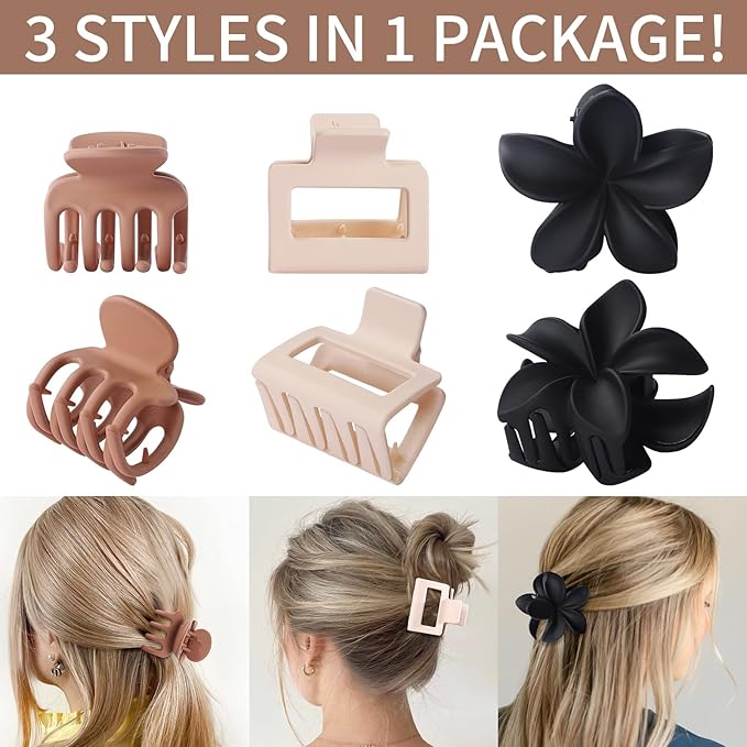 Hair Clips for Women 9 Pack Medium Claw Clips, No Slip Strong Hold Hair Clips for Thick & Thin Hair, Flower Square Aesthetic Styles for Everyday Styling, Trendy Hair Accessories (Brown)