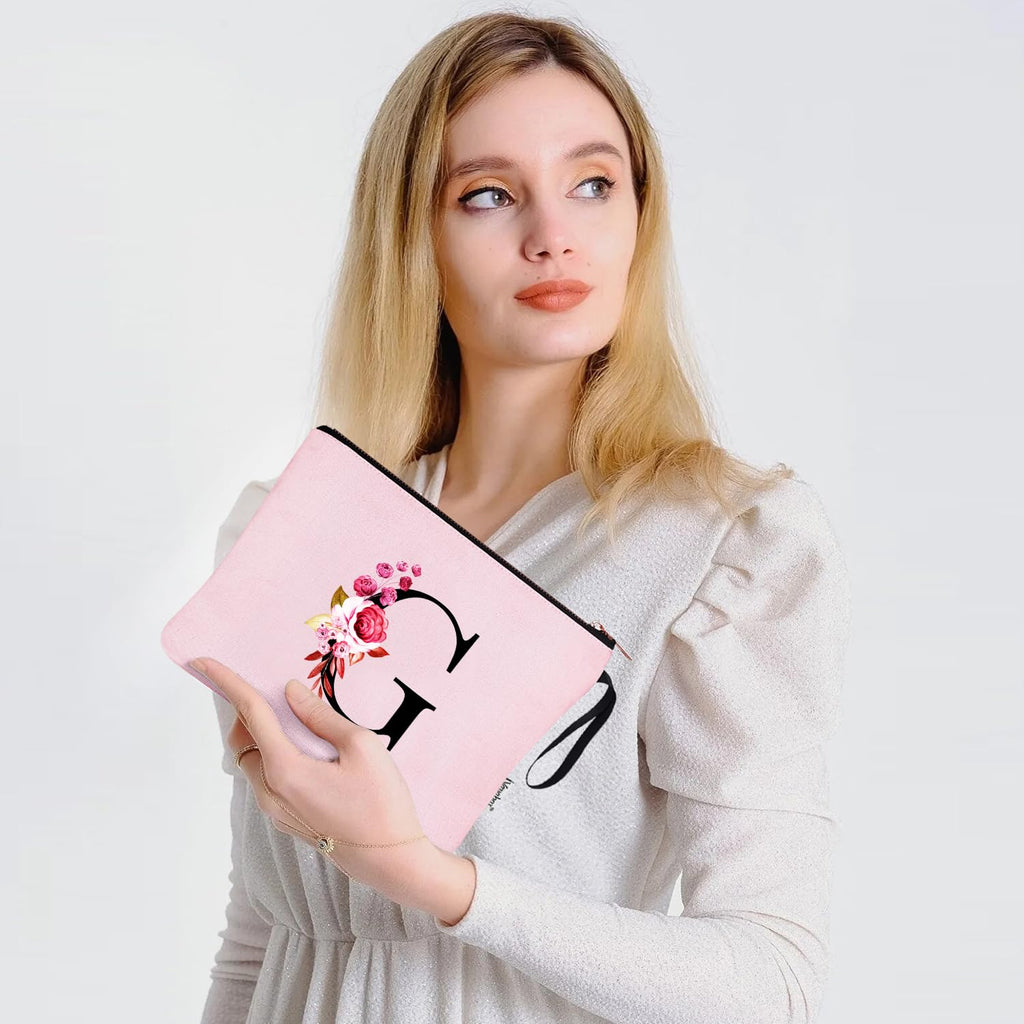 Vavabox A-Z Personalized Makeup Bag, Birthday Gifts for Women Mom, Gifts for Best Friend, Bride Bridesmaid Cosmetic bag (G, 06-Pink)