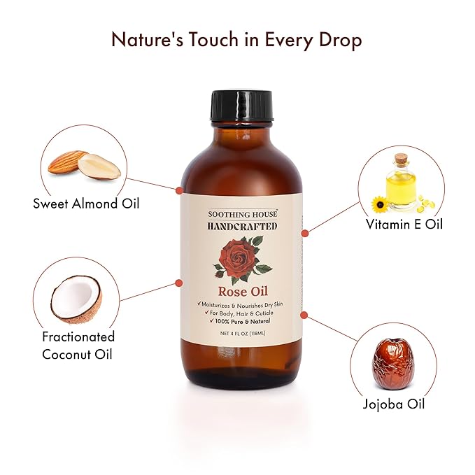 Soothing House Rose Body Oil, Moisturizing Body Oil for Soft Skin and Dry Skin With Jojoba, Olive, Vitamin E & Rose Oil, 4 oz