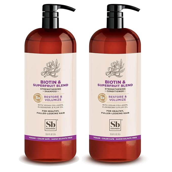 Soapbox Biotin & Super Fruit Shampoo & Conditioner Set, Leaves Hair Volumized & Strengthened - Clean Ingredients Free of Harsh Chemicals, Sulfates, Parabens & Silicones - 1 Liter Each