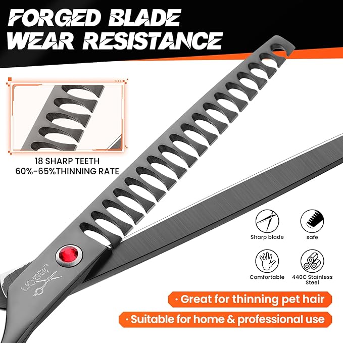 JASON Dog Grooming Chunker Scissors - 7" Professional Thinning Shears Black