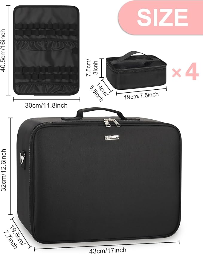 Relavel Extra Large Makeup Case Professional Cosmetic Storage Organizer Box Brush Holder with 4 Clear Set Bags & Lipstick Plate for Makeup Artists with Shoulder Strap & Adjustable Dividers