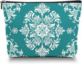 Scribesense Makeup Bag Travel Cosmetic Bags Small Makeup Case Waterproof Zipper Pouch for Women Girls 7X9inches - White Floral Ornamentation in A Circular Layout