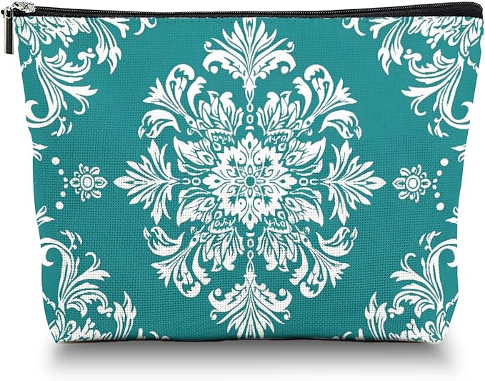 Scribesense Makeup Bag Travel Cosmetic Bags Small Makeup Case Waterproof Zipper Pouch for Women Girls 7X9inches - White Floral Ornamentation in A Circular Layout