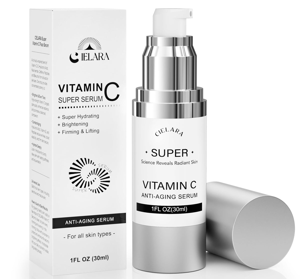 CIELARA Super Vitamin 20% C Serum for Women, With Hyaluronic Acid 0.97 oz