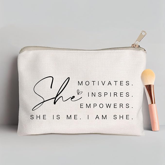 HubbgDesign She Motivates Inspires Empowers Makeup Bag She is Me Entrepreneurship Gift Women's Motivational Cosmetic Bags Powerful and Inspirational Travel Bag Gift for Her