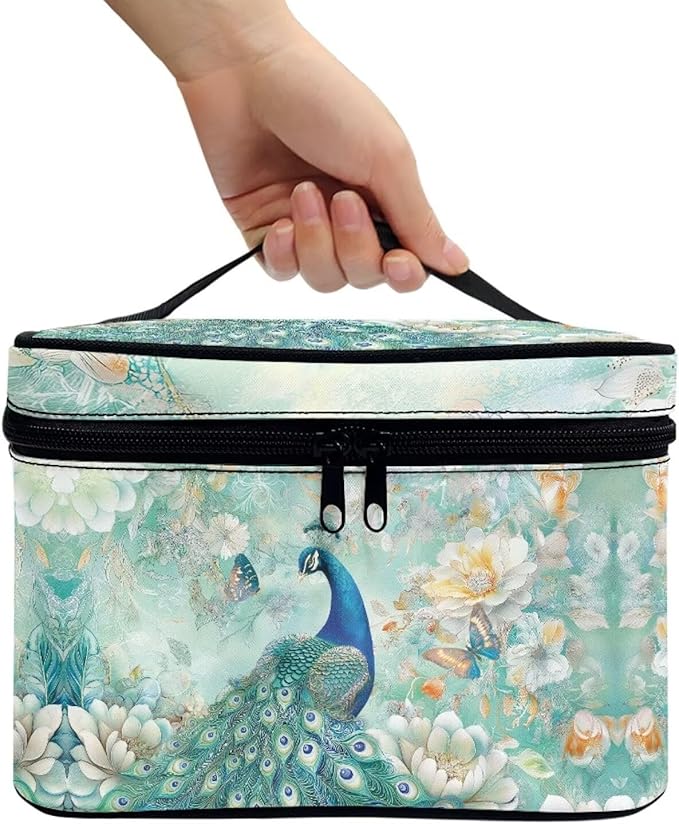 Drydeepin Peacock Butterfly Peony Flower Print Travel Makeup Bags for Women Portable Tote Cosmetic Case with Carry Handle Toiletry Accessories Storage Organizer Bags