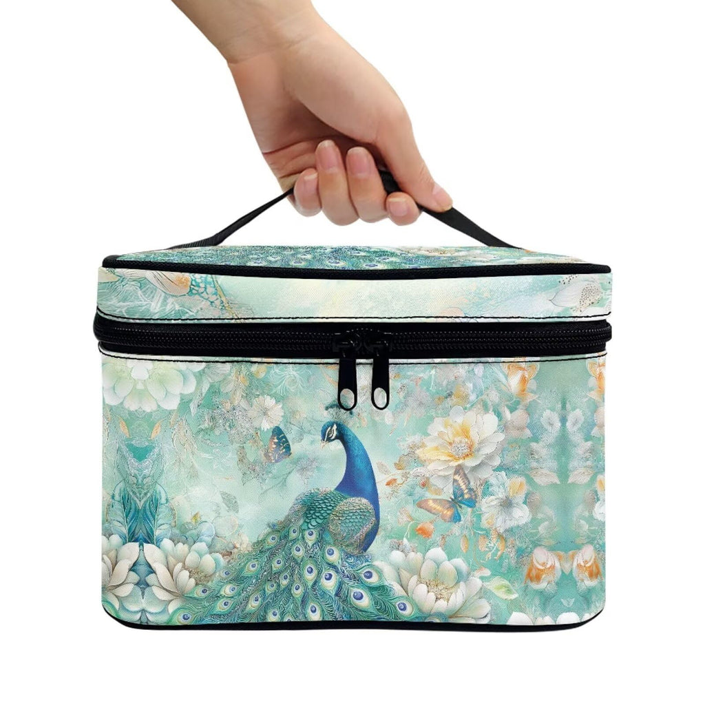 Drydeepin Peacock Butterfly Peony Flower Print Travel Makeup Bags for Women Portable Tote Cosmetic Case with Carry Handle Toiletry Accessories Storage Organizer Bags