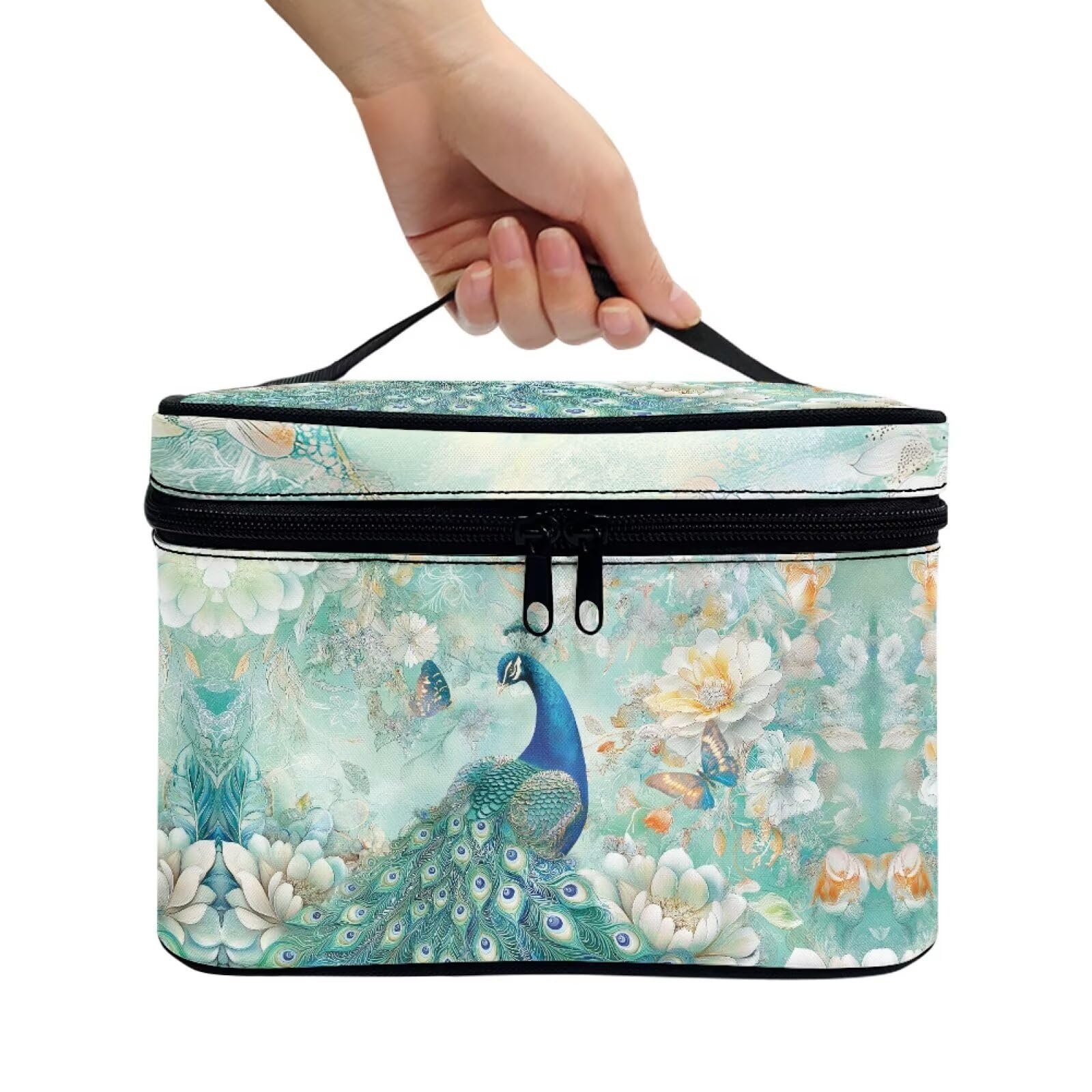 Drydeepin Peacock Butterfly Peony Flower Print Travel Makeup Bags for Women Portable Tote Cosmetic Case with Carry Handle Toiletry Accessories Storage Organizer Bags