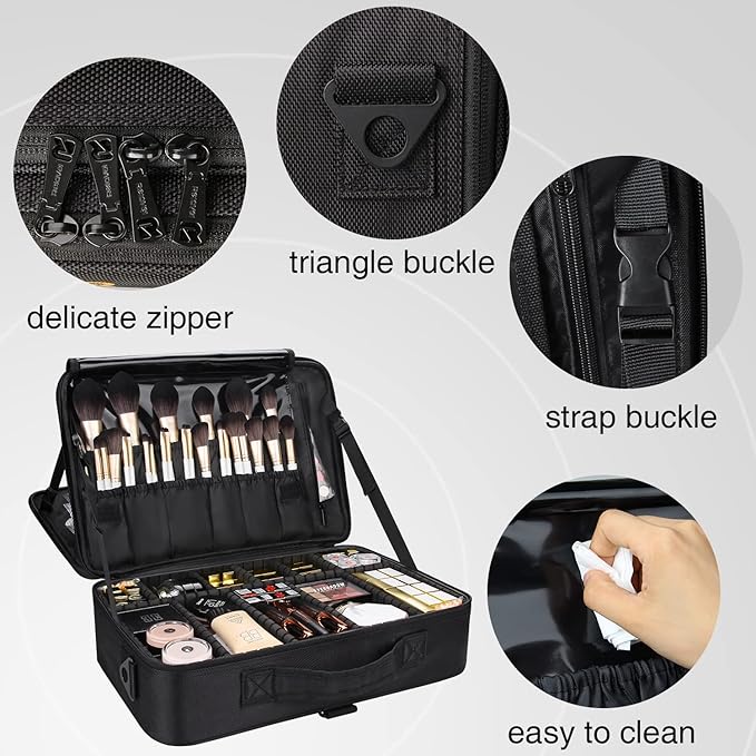 MONSTINA Rolling Makeup Train Case,Professional Cosmetics Beauty Hairdresser Bag with Shoulder Strap (Black z)