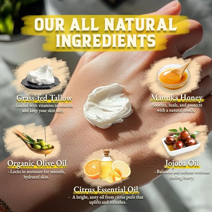 Organic Beef Tallow for Skin & Face - Whipped Honey Balm, Citrus (4 OZ)
