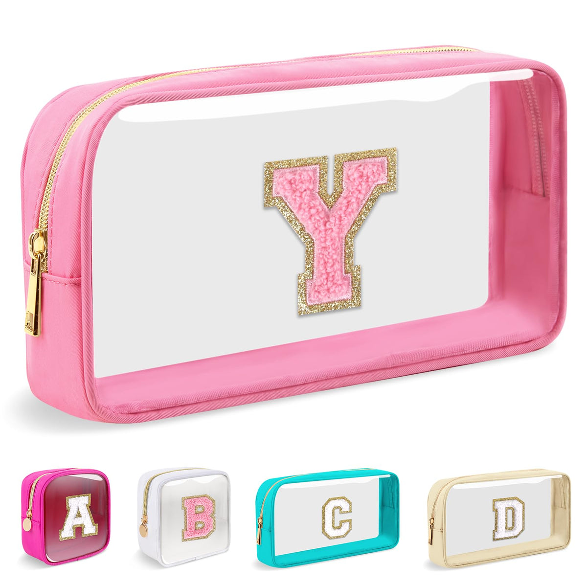 Small Clear Personalized Initial Makeup Bag, Preppy A-Z Chenille Letter Patch Cosmetic Bag, Cute Transparent Nylon Waterproof Zipper Beach Varsity Letter Pouch, Gift for Women Girls(Beige-White Y)