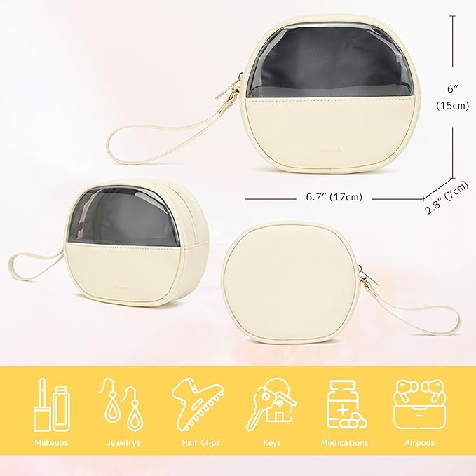 Vacfulliven Clear Makeup Bag for Travel, Mini Waterproof Cosmetic Organizer with Zipper, Portable Transparent Toiletry Bag for Women & Men (6.7x6 Inch) - Fits Makeup, Skincare, Jewelry (White)