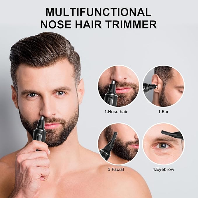 XOOMRSCP Professional Rechargeable Nose Hair Trimmer for Men – 2-in-1 Painless Ear & Nose Trimmer with IPX7 Waterproof Dual-Edge Blades, Also for Eyebrow & Facial Hair (Black Silver)
