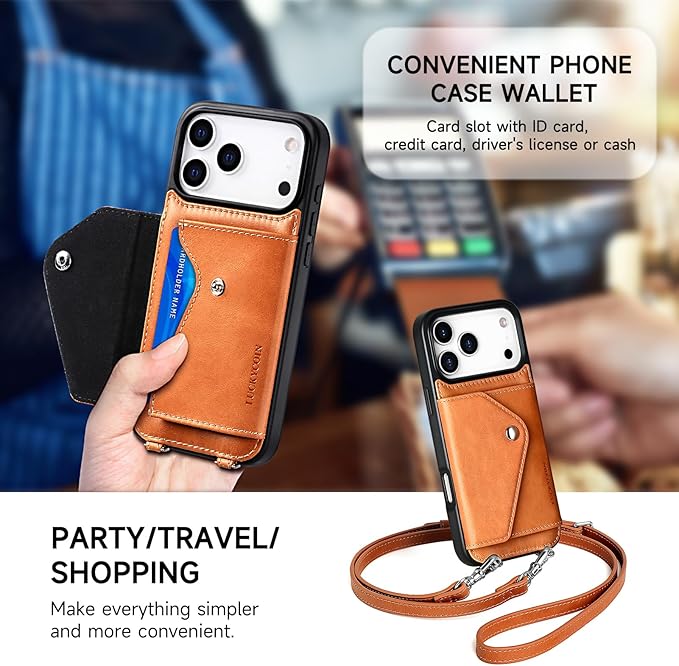 LUCKYCOIN Crossbody Phone Case for iPhone 17 Pro Max, 100% Genuine Leather Phone Wallet Case for Women, Premium Hands-Free Phone Purse with Expandable Flip Card Holder & Adjustable Strap - Retro Brown